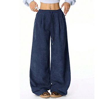 Women's Baggy Elastic High Waisted Pants Wide Leg Slacks Loose Fit Drawstring Trousers with Pockets