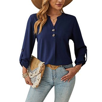 Women's Long Sleeve Shirts Fall Henley Business Casual Tops Office T-Shirts Work Blouses Outfits