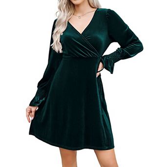 Women's Velvet Long Sleeve Dress with Ruffle Sleeve Drawstring Waist Stretch Slip Dress