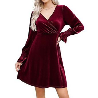 Women's Velvet Long Sleeve Dress with Ruffle Sleeve Drawstring Waist Stretch Slip Dress