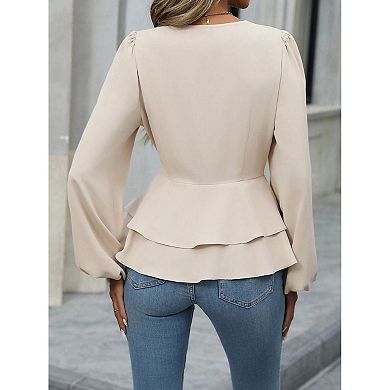 Women's Double Ruffle Hem Shirts V-Neck Long Sleeve Solid Blouse Shirt Trendy Tops