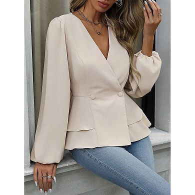 Women's Double Ruffle Hem Shirts V-Neck Long Sleeve Solid Blouse Shirt Trendy Tops