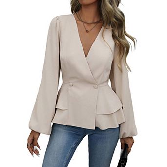 Women's Double Ruffle Hem Shirts V-Neck Long Sleeve Solid Blouse Shirt Trendy Tops