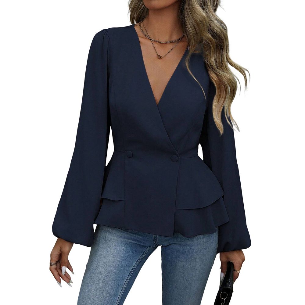 Women's Double Ruffle Hem Shirts V-Neck Long Sleeve Solid Blouse