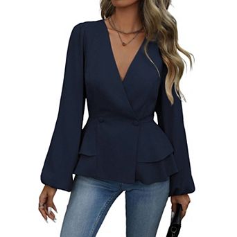 Women's Double Ruffle Hem Shirts V-Neck Long Sleeve Solid Blouse Shirt Trendy Tops