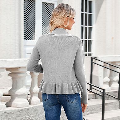 Womens Sweater Cardigan Tie Front Knit Warm Coat Collared Peplum Ruffle Hem
