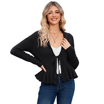 Womens Sweater Cardigan Tie Front Knit Warm Coat Collared Peplum Ruffle Hem