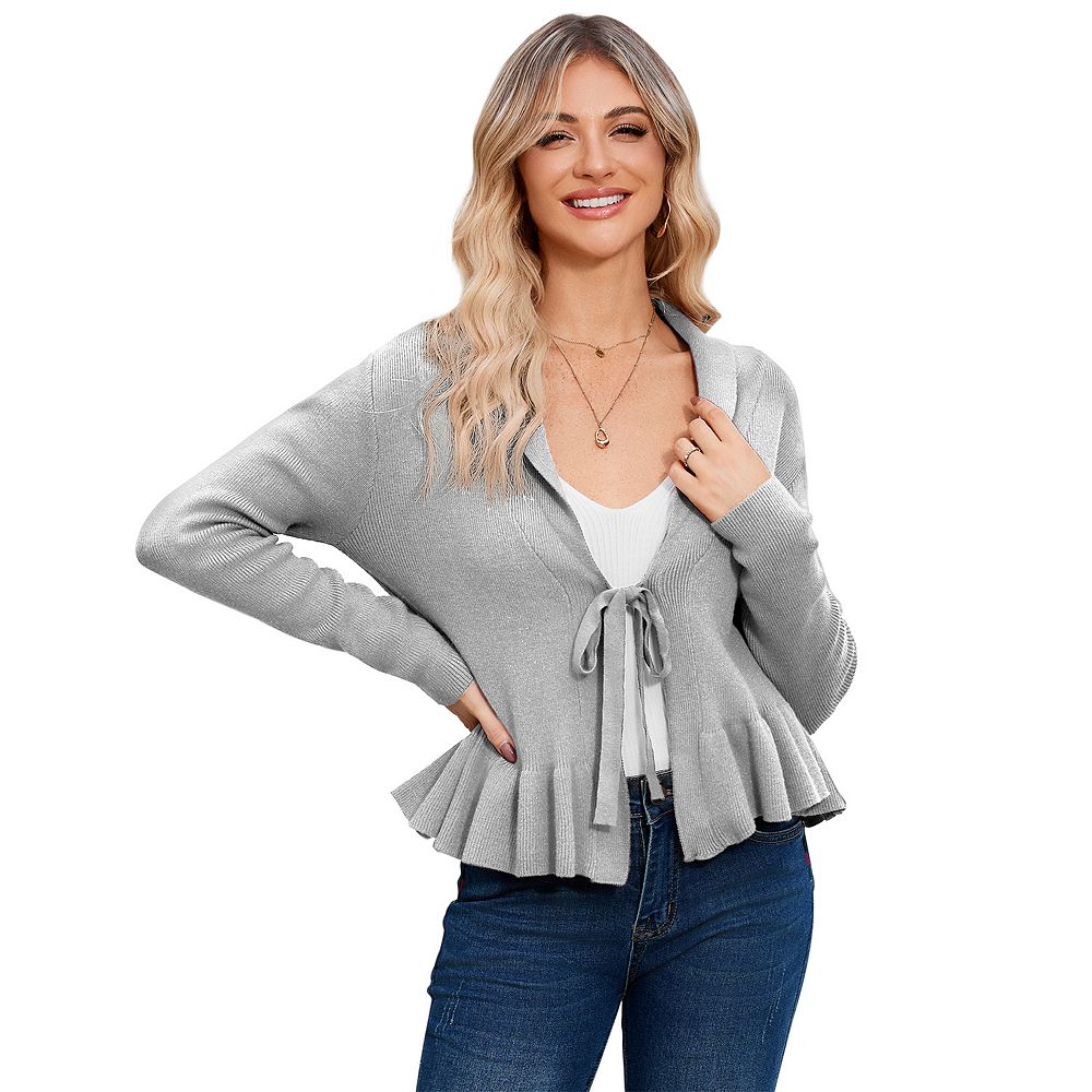 Womens Sweater Cardigan Tie Front Knit Warm Coat Collared Peplum