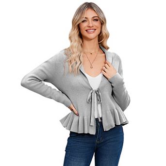 Womens Sweater Cardigan Tie Front Knit Warm Coat Collared Peplum Ruffle Hem