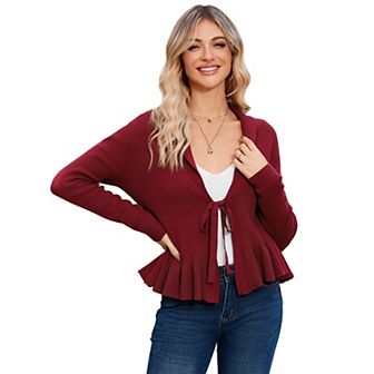 Womens Sweater Cardigan Tie Front Knit Warm Coat Collared Peplum Ruffle Hem