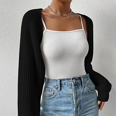 Women's Long Sleeve Open Front Knitted Crop Cardigan Drop Shoulder Knit Bolero Shrug Sweater