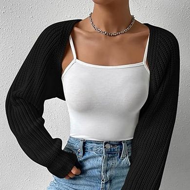 Women's Long Sleeve Open Front Knitted Crop Cardigan Drop Shoulder Knit Bolero Shrug Sweater