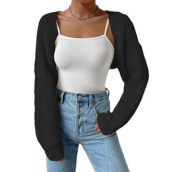 Women's Long Sleeve Open Front Knitted Crop Cardigan Drop Shoulder Knit Bolero Shrug Sweater