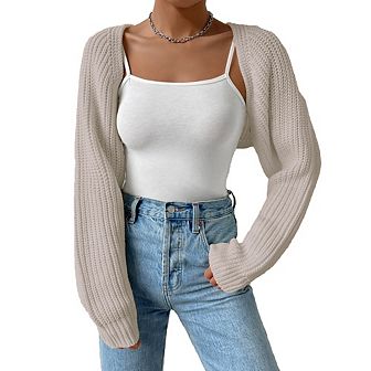 Women's Long Sleeve Open Front Knitted Crop Cardigan Drop Shoulder Knit Bolero Shrug Sweater