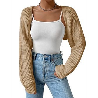Women's Long Sleeve Open Front Knitted Crop Cardigan Drop Shoulder Knit Bolero Shrug Sweater