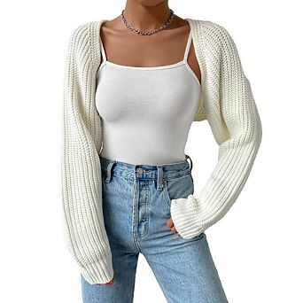 Women's Long Sleeve Open Front Knitted Crop Cardigan Drop Shoulder Knit Bolero Shrug Sweater