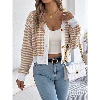 Cardigan Sweaters for Women V Neck Button Down Long Sleeve Striped Knit Cardigans Sweater Tops