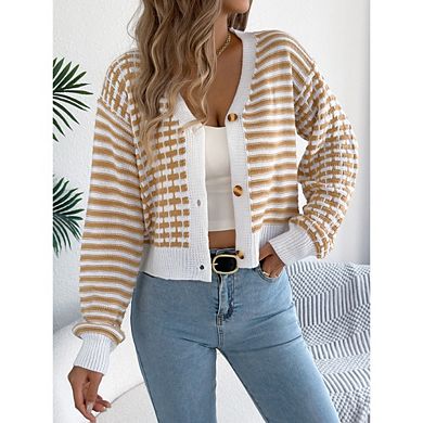 Cardigan Sweaters for Women V Neck Button Down Long Sleeve Striped Knit Cardigans Sweater Tops