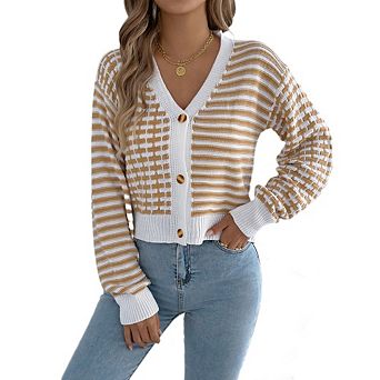 Cardigan Sweaters for Women V Neck Button Down Long Sleeve Striped Knit Cardigans Sweater Tops
