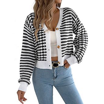 Cardigan Sweaters for Women V Neck Button Down Long Sleeve Striped Knit Cardigans Sweater Tops