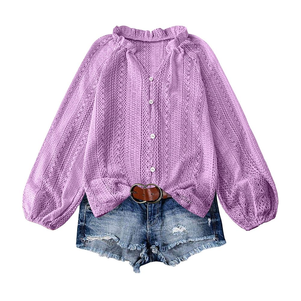 Lace Crochet Hollowed Scallop Hem V Neck Blouse main image 0