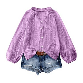 Women Lace Crochet Blouse Tops Casual V Neck Long Sleeve Hollow Elegant Shirt