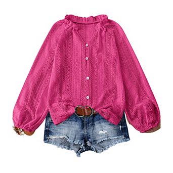 Women Lace Crochet Blouse Tops Casual V Neck Long Sleeve Hollow Elegant Shirt
