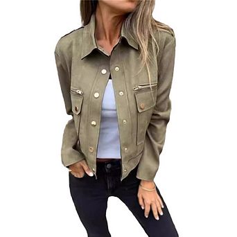 Womens Faux Suede Leather Jackets Casual Cropped Coats Button Down Shackets Motorcycle Jackets