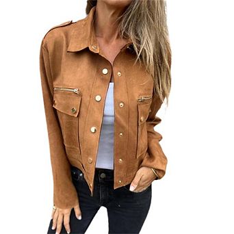 Womens Faux Suede Leather Jackets Casual Cropped Coats Button Down Shackets Motorcycle Jackets