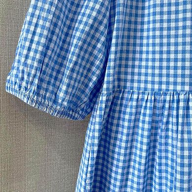 Women's Shirt Dress 3/4 Sleeve Button Down V Neck Plaid Casual Loose Flowy Midi Dresses