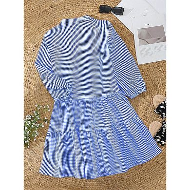 Women's Shirt Dress 3/4 Sleeve Button Down V Neck Plaid Casual Loose Flowy Midi Dresses