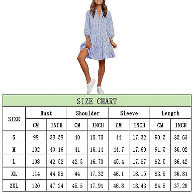 Women's Shirt Dress 3/4 Sleeve Button Down V Neck Plaid Casual Loose Flowy Midi Dresses