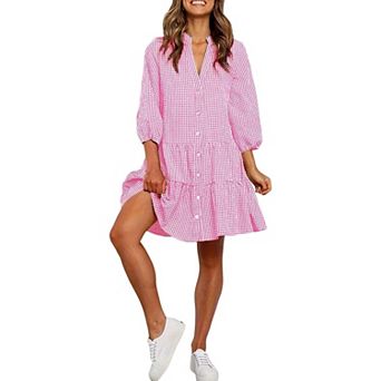 Women's Shirt Dress 3/4 Sleeve Button Down V Neck Plaid Casual Loose Flowy Midi Dresses