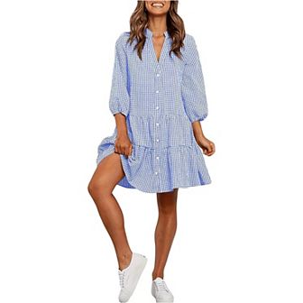 Women's Shirt Dress 3/4 Sleeve Button Down V Neck Plaid Casual Loose Flowy Midi Dresses