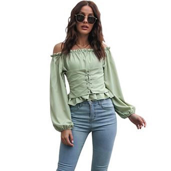 Going out Tops for Women Stretchy off Shoulder Long Sleeve Cute Peplum Shirts Blouse