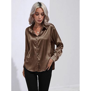 Women's Button Front Shirt Long Sleeve Turn-Down Neck Solid Color Casual Tops