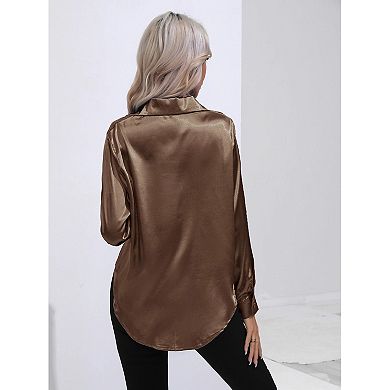 Women's Button Front Shirt Long Sleeve Turn-Down Neck Solid Color Casual Tops