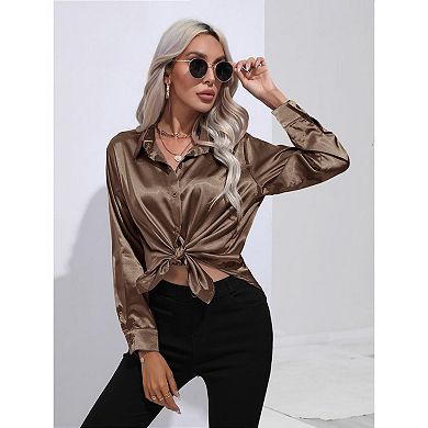 Women's Button Front Shirt Long Sleeve Turn-Down Neck Solid Color Casual Tops