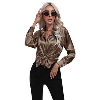 Women's Button Front Shirt Long Sleeve Turn-Down Neck Solid Color Casual Tops