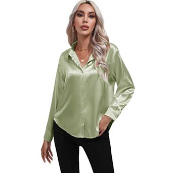Women's Button Front Shirt Long Sleeve Turn-Down Neck Solid Color Casual Tops