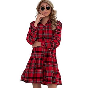 Women's Plaid Print Tunic Dress Long Sleeve V Neck Loose Shirt Ruffle Hem Swing Babydoll Dresses