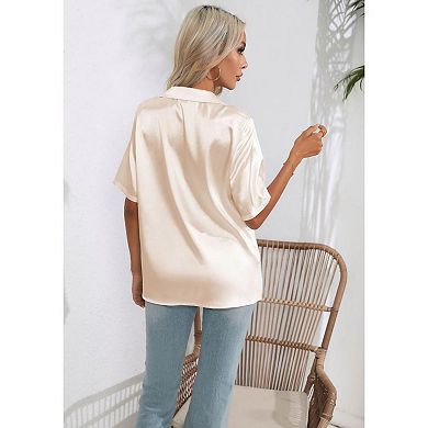 Women Casual Tees Short Sleeve Suit Collar Summer Satin Shirts Classy Tops