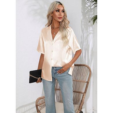 Women Casual Tees Short Sleeve Suit Collar Summer Satin Shirts Classy Tops