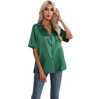 Women Casual Tees Short Sleeve Suit Collar Summer Satin Shirts Classy Tops