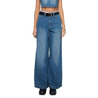 Women's High Waist American Style Retro Wide Leg Loose Slim fit Straight Jeans