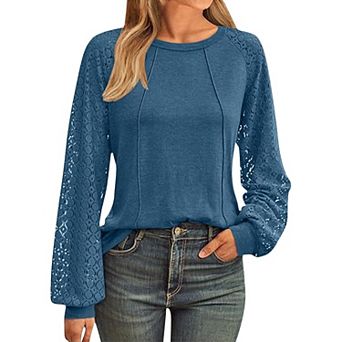 Women Business Casual Tops Lace Hollow Out Long Sleeve Shirts Crew Neck Fashion Blouse