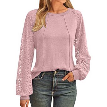 Women Business Casual Tops Lace Hollow Out Long Sleeve Shirts Crew Neck Fashion Blouse