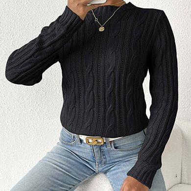 Womens Soft Fisherman Cable Long-Sleeve Crewneck Sweater Business Tops Casual Lightweight Sweater
