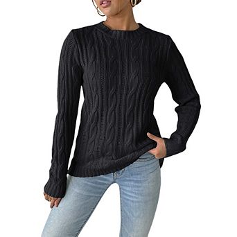 Womens Soft Fisherman Cable Long-Sleeve Crewneck Sweater Business Tops Casual Lightweight Sweater