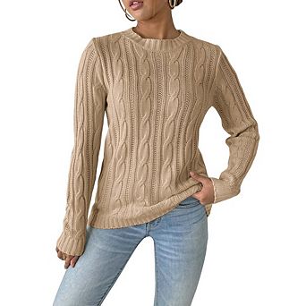 Womens Soft Fisherman Cable Long-Sleeve Crewneck Sweater Business Tops Casual Lightweight Sweater